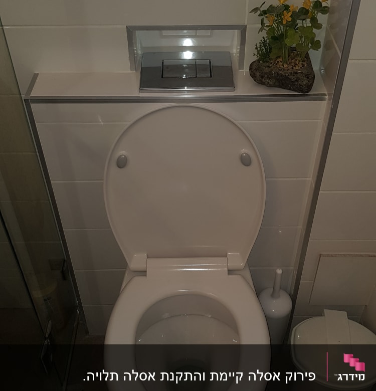 אסלה לבנה עם מיכל הדחה וכפתור נירוסטה